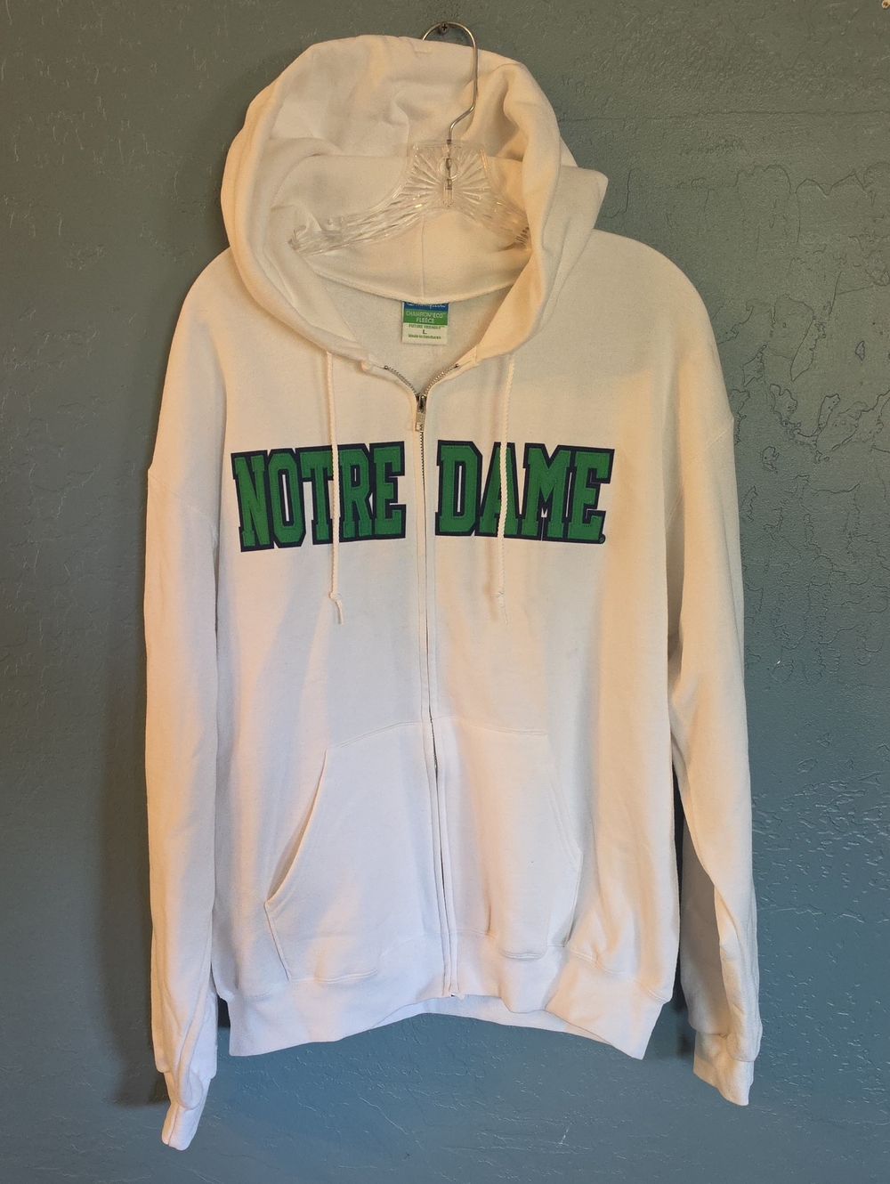 Champion Full Zip Notre Dame White Zip-Up Hoodie with Green Lettering